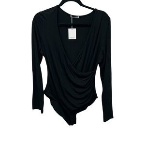 NWT Mangopop Black Asymmetrical Wrap Bodysuit Full Sleeve Size XL